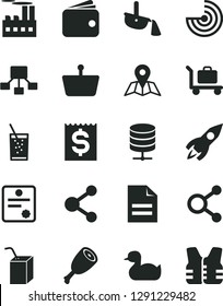 Solid Black Vector Icon Set - scribbled paper vector, rubber duck, packing of juice with a straw, map, big data server, chicken thigh, glass soda, industrial building, steel production, connection