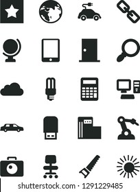 Solid Black Vector Icon Set - spectacles vector, hand saw, ntrance door, camera, globe, modern gas station, mercury light bulb, electric car, robot welder, computer, tablet pc, usb flash, magnifier