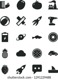 Solid Black Vector Icon Set - baby bath ball vector, drill, writing accessories, tomato, small fish, tasty raspberry, half of kiwi, passion fruit, coconut, pineapple, charging battery, factory