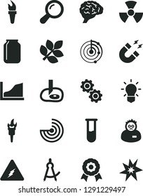 Solid Black Vector Icon Set - jar vector, test tube, electricity, nuclear, zoom, bulb, brain, gears, magnet, scientist, drawing compass, artifical insimination, growth graph, radar, medal, biology