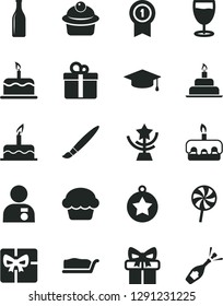 Solid Black Vector Icon Set - tassel vector, cake, birthday, gift, muffin, slice, torte, lollipop, glass, bottle, giftbox, star cup, man with medal, graduate, pennant, champagne