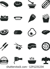 Solid Black Vector Icon Set - plates and spoons vector, sausage, cheese, pizza, Hot Dog, mini, burger, noodles, porridge, lettuce in a plate, grill chicken leg, bacon, chop, barbecue, piece of meat