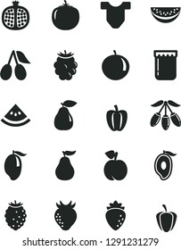 Solid Black Vector Icon Set - Child T shirt vector, jam, peach, half pomegranate, pear, raspberry, strawberry, cornels, blackberry, tasty, mango, of, goji berry, water melon slice, tangerine