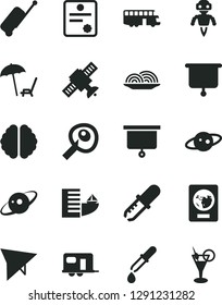 Solid Black Vector Icon Set - onion vector, brain, satellite, pipette, artifical insimination, robot, saturn, presentation board, patente, camper, bus, hang glider, passport, rolling case, hotel