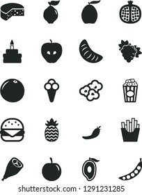 Solid Black Vector Icon Set - cheese vector, big burger, birthday cake, grill chicken leg, French fries, popcorn, cup of, cone, half pomegranate, branch grape, quince, tasty apple, mango, loquat