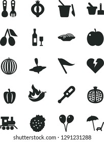 Solid Black Vector Icon Set - wind direction indicator vector, electronic thermometer e, toy sand set, children's, plastic fork spoons, baby train, small yule, colored air balloons, broken heart