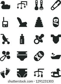 Solid Black Vector Icon Set - toys over the cradle vector, cot, dummy, feeding bottle, diaper, nappy, Child T shirt, baby rattle, car seat, summer stroller, safety pin, rubber duck, stacking rings