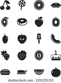 Solid Black Vector Icon Set - cake slice vector, torte, with a hole, pie, apple, lollipop, popsicle, strawberries, cherry, grape, red, tasty, mulberry, of melon, half mango, delicious plum, water