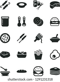 Solid Black Vector Icon Set - plates and spoons vector, plastic fork, cheese, loaf, pizza, big burger, spaghetti, a bowl of buckwheat porridge, lettuce in plate, milk, barbecue, meat on skewers, jam