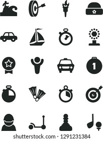 Solid Black Vector Icon Set - motor vehicle vector, Kick scooter, warm hat, timer, car, racer, stopwatch, flame torch, winner, cup, pawn, target, purpose, first place medal, star, sail boat, surfing