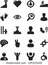 Solid Black Vector Icon Set - woman vector, footprints, workman, heart, eye, man, in sight, dna, brain, bactery, artifical insimination, winner podium, carrer stairway, hands up, with ladder