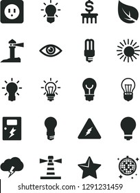 Solid Black Vector Icon Set - matte light bulb vector, power socket type b, dangers, star, eye, storm cloud, leaf, mercury, lighthouse, coastal, electricity, dollar column, sun, disco ball