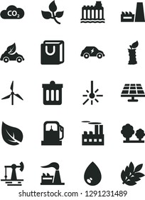 Solid Black Vector Icon Set - dust bin vector, drop, bag with handles, apple stub, solar panel, working oil derrick, leaves, leaf, gas station, windmill, factory, hydroelectricity, trees, eco car