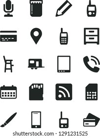 Solid Black Vector Icon Set - tassel vector, desktop microphone, bank card, rss feed, toy phone, mobile, a chair for feeding child, smartphone, nightstand, jam, SIM, location, pencil, calendar, call