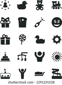 Solid Black Vector Icon Set - toys over the cradle vector, rubber duck, baby duckling, teddy bear, toy train, birthday cake, gift, Easter, slice, torte, lollipop, man hands up, stars around, sun