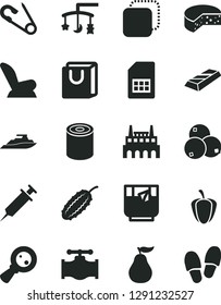 Solid Black Vector Icon Set - toys over the cradle vector, car child seat, open pin, bag with handles, copy, cheese, tin, a glass of tea, blueberries, ripe guava, pepper, cucumber, valve, SIM card