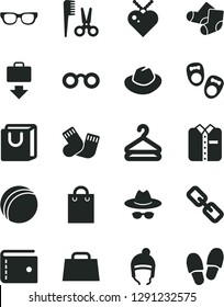 Solid Black Vector Icon Set - purse vector, spectacles, hat, with glasses, bath ball, accessories for a hairstyle, warm socks, Knitted, shoes little children, winter, bag handles, folded shirt, hand