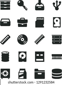 Solid Black Vector Icon Set - storage unit vector, chest of drawers, key, CD, folder, suitcase, put in a box, drawer, strongbox, package, barrel, radiator fan, memory, hdd, usb, sd card, big data