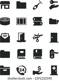 Solid Black Vector Icon Set - folder vector, e, books, window frame, door knob, ntrance, received letter, 24, canned goods, stall, get a wage, book, arm with key, exit, grand opening, champagne