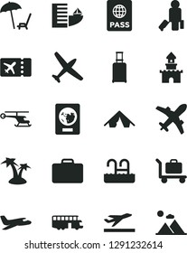 Solid Black Vector Icon Set - passport vector, sand castle, helicopter, plane, bus, passenger, suitcase, rolling, ticket, departure, hotel, tent, arnchair under umbrella, palm tree, pool, baggage