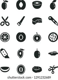 Solid Black Vector Icon Set - scissors vector, arm saw, knife, stationery, cheese, pizza, slices of onion, piece meat, plum, half mango, peach, melon, cherry, passion fruit, lemon, juicy, kiwi