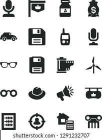 Solid Black Vector Icon Set - desktop microphone vector, floppy disk, hat, camera roll, new abacus, toy mobile phone, estimate, jar of jam, windmill, retro car, vintage sign, man in sight, glasses