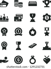 Solid Black Vector Icon Set - brick vector, cards, pedestal, coins, catch a coin, winner podium, prize, award, gold cup, star medal, with pennant, ribbon, hero, diamond ring, bar, dollar, gear