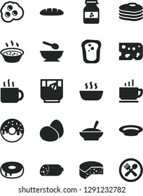 Solid Black Vector Icon Set - deep plate with a spoon vector, coffee, sausage, piece of cheese, eggs, loaf, cake hole, glazed, bowl buckwheat porridge, in saucepan, hot, cup tea, glass, omelette