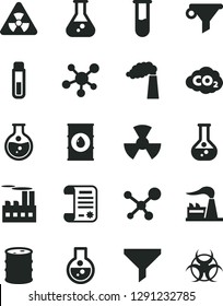 Solid Black Vector Icon Set - round flask vector, manufacture, factory, oil, barrel, industrial building, radiation, carbon dyoxide, filter, water, research article, test tube, molecule, nuclear