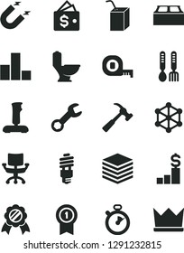 Solid Black Vector Icon Set - bar chart vector, packing of juice with a straw, iron fork spoons, measuring tape, toilet, building block, hammer claw, pile, energy saving bulb, magnet, joystick