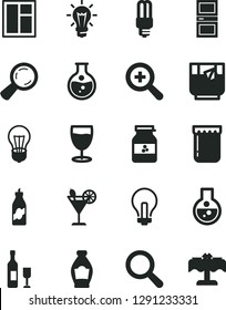 Solid Black Vector Icon Set - incandescent lamp vector, magnifier, zoom, window, interroom door, a glass of tea, cocktail, jam, jar, bottle, liquor, round flask, bulb, mercury light, wine