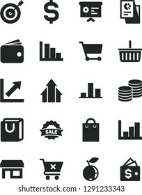 Solid Black Vector Icon Set - grocery basket vector, growth chart, negative histogram, positive, crossed cart, bag with handles, coins, blueberry, stall, denomination of the dollar, wallet, sale