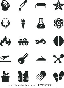 Solid Black Vector Icon Set - flask vector, molecule, atom, brain, pipette, flame, satellite antenna, lunar rover, resistor, torch, motorcycle, passort control, departure, hawaii wreath, starfish