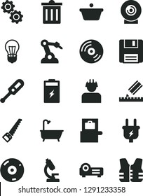 Solid Black Vector Icon Set - bin vector, electronic thermometer e, arm saw, bath, drawing, CD, lens, charging battery, bulb, plug, builder, robot welder, pan, floppy, projector, microscope, gears