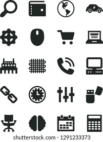 Solid Black Vector Icon Set - laptop vector, calendar, clock face, purse, spectacles, planet Earth, industrial factory, gear, weaving, electric transport, shopping cart, phone call, computer, mouse