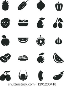 Solid Black Vector Icon Set - onion vector, lettuce in a plate, coffee beans, strawberries, orange slice, peach, pear, cornels, medlar, blueberry, tasty, water melon, date fruit, half cherry, garlic