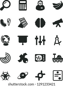 Solid Black Vector Icon Set - bananas vector, telescope, zoom, dna, brain, settings, satellite, bactery, biohazard, globe, oscilloscope, scientist, calculator, drawing compass, radar, sun panel