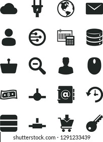 Solid Black Vector Icon Set - zoom out vector, calculation, big data, address book, put in cart, electric plug, shopping basket, woman, man, mouse, network, connect, mail, history, cloud, dollar