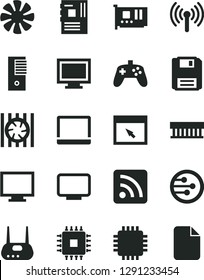 Solid Black Vector Icon Set - monitor vector, window, rss feed, notebook pc, fan, radiator, tower, motherboard, cpu, card, router, network, browser, floppy, wireless, joystick, file