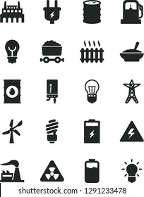 Solid Black Vector Icon Set - danger of electricity vector, saving light bulb, electronic boiler, a bowl buckwheat porridge, charge level, charging battery, gas station, wind energy, factory, oil