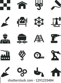 Solid Black Vector Icon Set - builder vector, hook, winch, trowel, building, concrete mixer, cordless drill, long meashuring tape, new roller, ladder, tile, home, working oil derrick, industrial