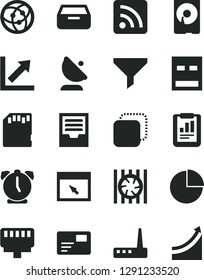 Solid Black Vector Icon Set - rss feed vector, pie chart, growth, archive, alarm clock, pass card, drawer, copy, satellite antenna, filter, statistical report, radiator fan, hdd, usb, router, sd