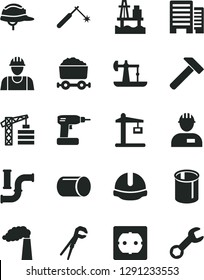 Solid Black Vector Icon Set - tower crane vector, builder, workman, adjustable wrench, cordless drill, power socket type f, buildings, construction helmet, hammer, sea port, oil derrick, water pipes