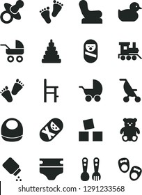 Solid Black Vector Icon Set - dummy vector, diaper, baby powder, bib, chair, stroller, carriage, summer, duckling, stacking toy, roly poly doll, tumbler, a for feeding, plastic fork spoons, train
