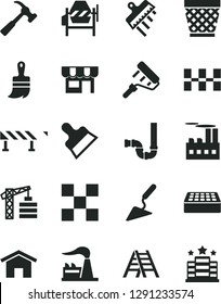 Solid Black Vector Icon Set - wicker pot vector, tower crane, building trowel, concrete mixer, paint roller, wooden brush, ladder, siphon, tile, ceramic tiles, brick, putty knife, spatula, home