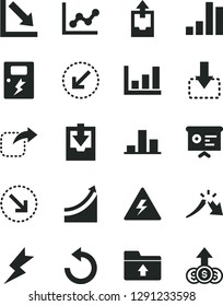 Solid Black Vector Icon Set - danger of electricity vector, counterclockwise, graph, negative chart, upload archive data, download, folder, lightning, dangers, left bottom arrow, move down, right