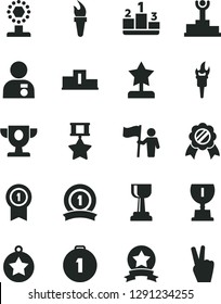 Solid Black Vector Icon Set - pedestal vector, flame torch, winner podium, prize, award, cup, gold, star reward, man with medal, hold flag, first place, pennant, ribbon, hero, victory hand