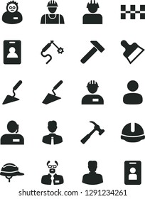Solid Black Vector Icon Set - builder vector, workman, trowel, building, ceramic tiles, construction helmet, putty knife, hammer, with claw, employee, gas welding, woman, man, dispatcher, scientist