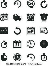 Solid Black Vector Icon Set - daily calendar vector, stopwatch, clock face, alarm, clockwise, counterclockwise, wall, timer, delivery, 24, watch, black, agenda, history, schedule