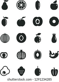 Solid Black Vector Icon Set - chili vector, fried egg, strawberry, ripe peach, half apricot, pomegranate, plum, rose hip, blueberry, water melon, delicious, date fruit, passion, lemon, juicy, guava